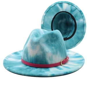 Chapeau fedora en laine tie-dye bleu et blanc avec sangle en cuir rose pour le voyage