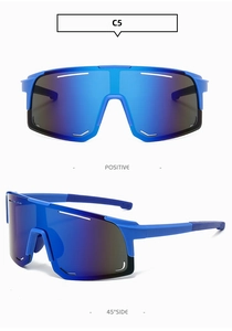 Close-up of blue cycling sunglasses with multi-color mirrored lenses from two angles