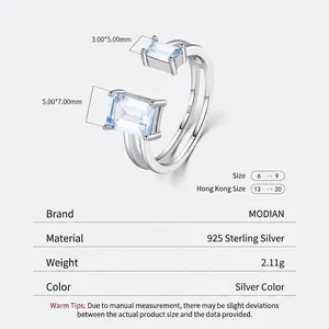 Double-layer S925 sterling silver open ring with dual rectangular aquamarine stones