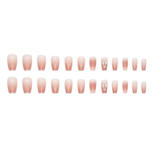 Faux ongles dégradés roses avec paillettes, perles, diamants lapin et forme cercueil