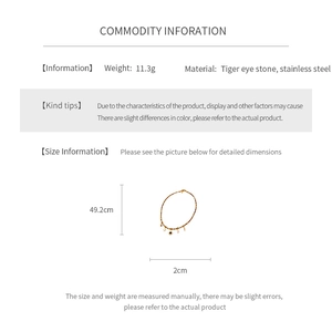 Detailed chart showing tiger eye stone necklace specs with 11.3g weight and 49.2cm length