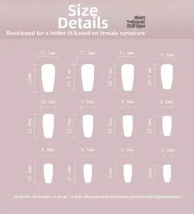 Size chart for Short T-Shape press-on nails showing 12 sizes from 6.5mm to 13.1mm width