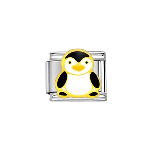 Detail shot of a silver stainless steel modular charm with a cute penguin enamel design