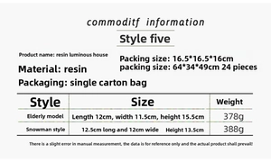 Detailed size and weight specifications for the resin glowing Christmas house ornament