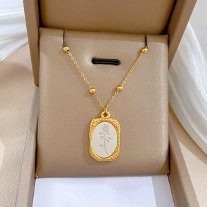 Vintage Rose Flower Pendant Necklace Titanium Steel Gold Plated Elegant Hammered Oval Medallion Bead Chain For Women
