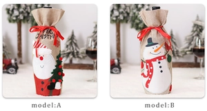 Detail of Santa and Snowman burlap wine bottle covers with Merry Christmas embroidery
