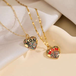 Heart Pendant Necklace 18K Gold Plated Copper With Colorful Zircon MOM Design Jewelry For Women Mother Gift