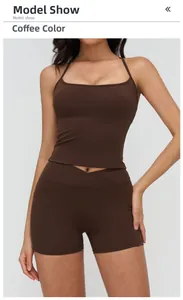 Detail of coffee brown yoga set featuring high-waist crossover shorts and camisole top