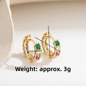 Detailed view of gold hoop earrings with multi-color zircon stones and product dimensions
