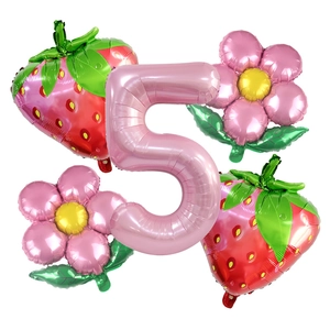 Kit de ballons fraise et fleur avec chiffre 5 rose pour décoration d'anniversaire