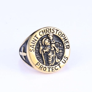 Vintage Saint Christopher stainless steel ring with gold relief and protective prayer