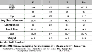 Tableau des tailles détaillé pour pantalons larges incluant taille, hanches et longueur