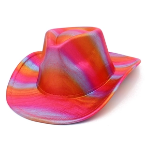 Close-up of holographic rainbow western cowboy hat with glossy metallic finish for parties