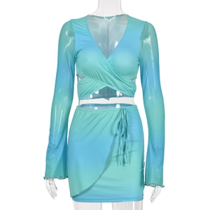 Women's 2-piece mesh set with blue gradient crop top and matching wrap skirt
