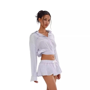 Preppy style white and blue striped long sleeve crop shirt and pleated mini skirt set