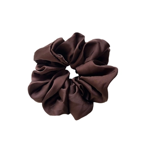Elegant dark brown satin scrunchie with glossy pleated texture for ponytail styling