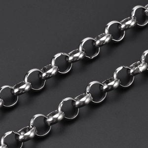 Professional macro shot of a silver 12mm wide stainless steel round link chain necklace