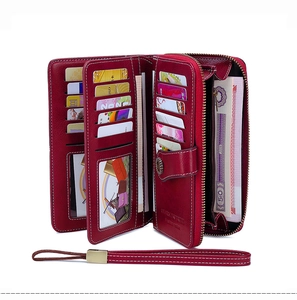 Detail view of burgundy leather long wallet with RFID blocking and multi-card slots