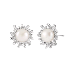 Irregular lava design S925 sterling silver earrings with natural pearls on white backdrop