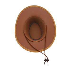 Détail intérieur d'un chapeau de cow-boy marron avec cordelette tressée et arrêt