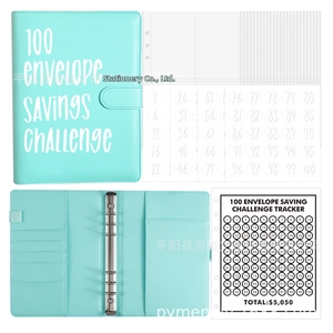 Detailed view of Mint Green 100 Envelope Challenge binder set with savings tracker and stickers