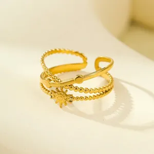 Detail view of 18K gold layered ring with sunburst design and size measurements