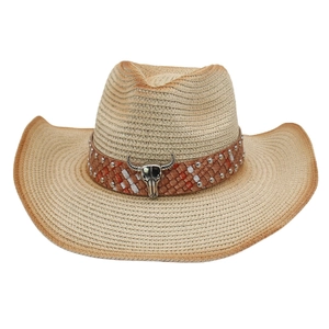 Bohemian western straw cowboy hat with bull skull metal pendant and woven band