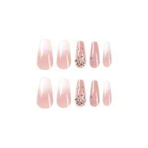 Pink gradient coffin press-on nails set with sparkling glitter and luxury rhinestones