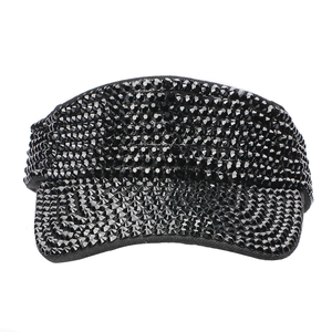 Detail view of the hand-set black rhinestones on a summer sun visor running hat