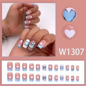 Light blue and pink press-on nails set with cute cartoon bear and white heart patterns