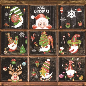 Christmas window decals set featuring Santa, gnomes, and reindeer on a wooden window