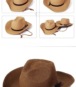 Detail showing handwoven texture and black leather strap of a straw cowboy sun hat