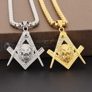 Detail of gold and silver lion head masonry pendants with crystal rhinestones for men