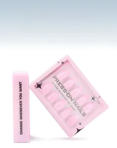 Detailed view of pink gradient press-on nails in a 30-piece branded packaging box
