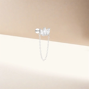 Macro detail of S925 silver marquise crown ear stud with dangling chain and screw flat back