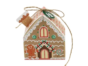 Gingerbread house gift box detail with number 12 tag and twine tie closure