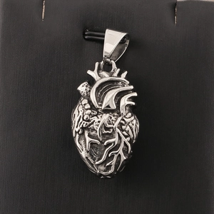 Polished silver anatomical heart pendant in 18k vacuum-plated stainless steel for men