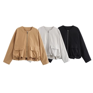 Outdoor leisure women's zipper flight jackets in camel, light grey, and black colors