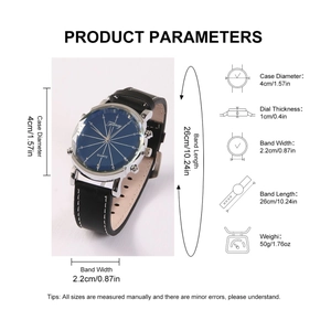 Men's quartz watch gift set featuring a blue dial, black leather strap, and product dimensions