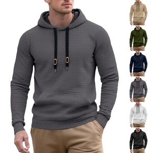 Men Hoodie Polyester Waffle Knit Drawstring Hood Kangaroo Pocket Long Sleeve Casual Athletic Pullover Solid Color Tops