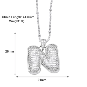 Detailed size parameters of silver letter N pendant necklace with inlaid cubic zirconia