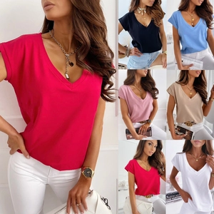 Women T-Shirt V Neck Short Sleeve Cotton Blend Solid Color Loose Casual Summer Top For Ladies Basic Fashion