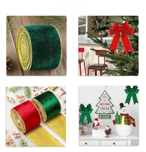 Detail of red and green velvet Christmas ribbons with gold stitched edges and bows