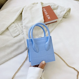 Fashion light blue crocodile texture small square bag with gold chain strap for women