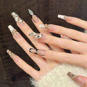 Handmade leopard print press-on nails with 3D floral and rhinestone luxury long coffin shape