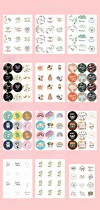 Collection of 12 colorful 2.5cm round Thank You stickers with floral and rainbow designs