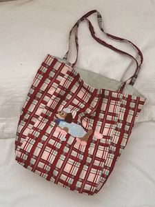 Classic red and green plaid canvas tote bag featuring cute 3D puppy embroidery