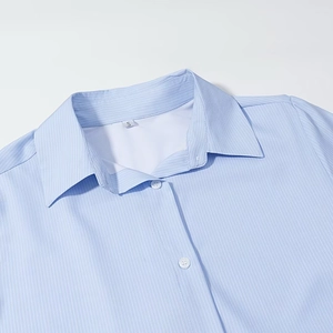 Women's light blue lapel long sleeve shirt with classic minimalist stripe fabric detail