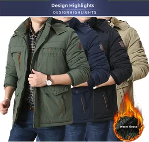 Detail of warm fleece lining and chest embroidery on men's outdoor hooded jacket
