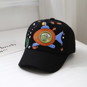 Detailed view of kids dinosaur baseball cap with 3D submarine applique and ocean prints
